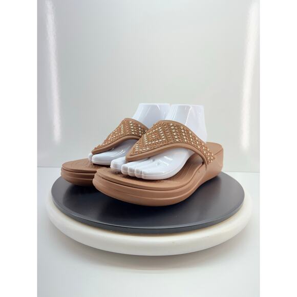 Crocs Monterey Shimmer Womens 11 Wedge Flip Flop Sandals Bronze Brown Platform - Picture 1 of 13